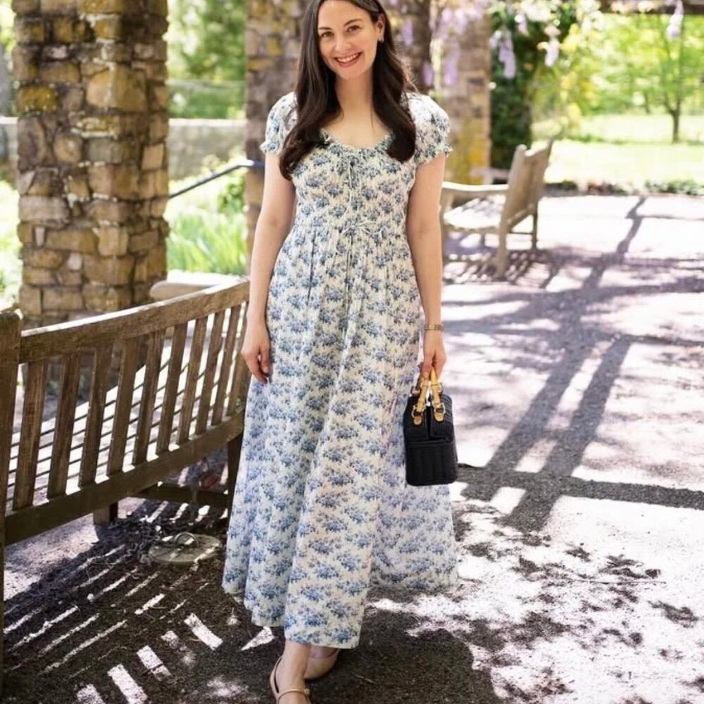 Doen Ashlynn tie-detailed shirred floral-print organic cotton-voile midi dress